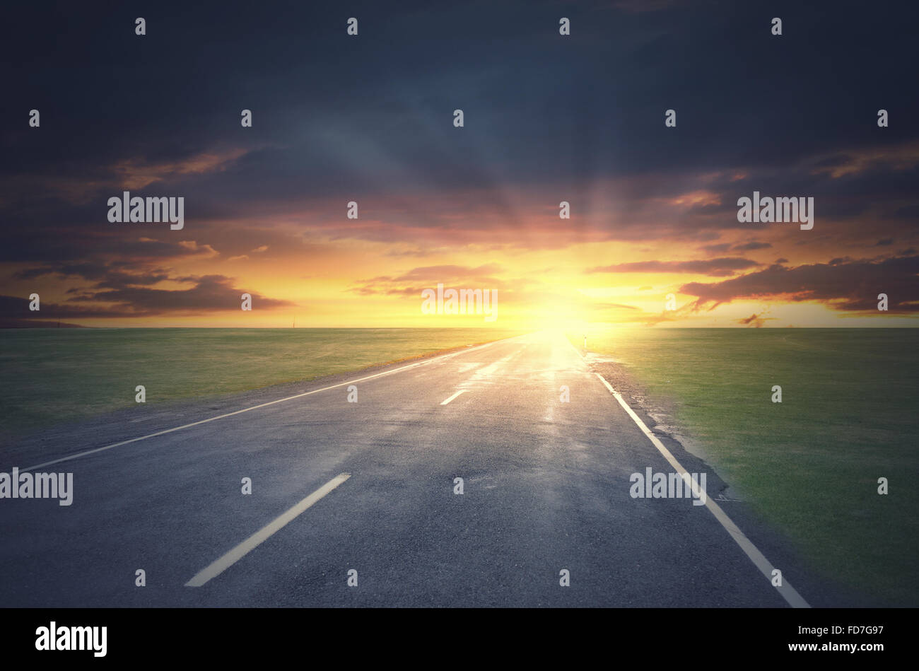 Nature landscape of sunset light above asphalt road Stock Photo - Alamy
