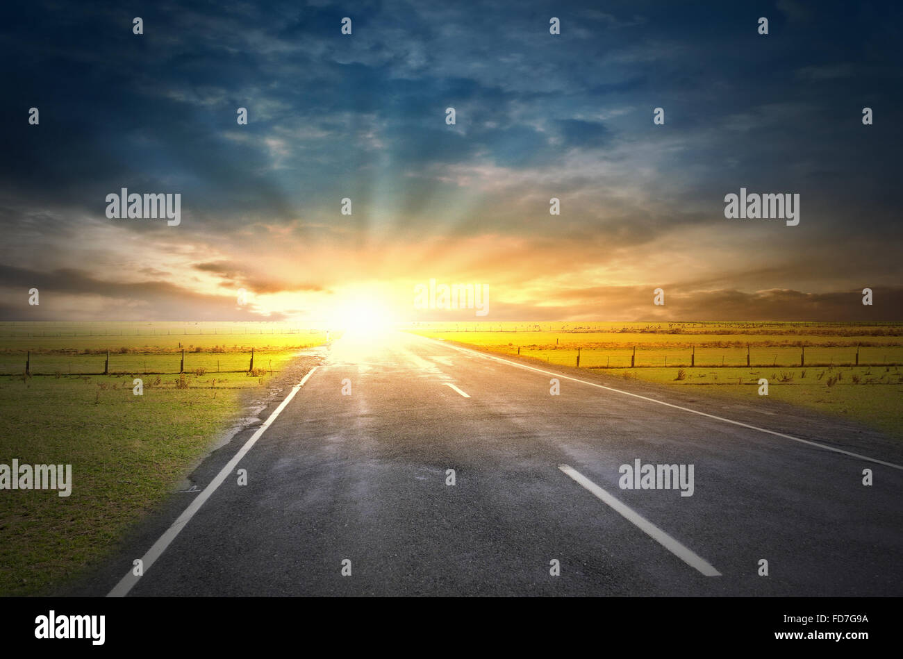 Nature landscape of sunset light above asphalt road Stock Photo - Alamy