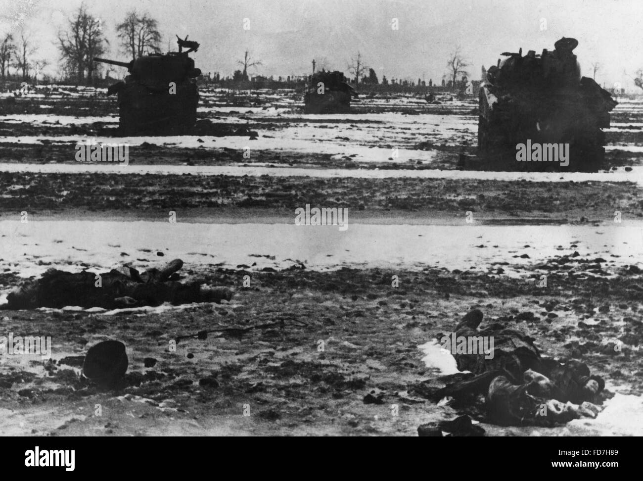 Shot down Sherman tank in West Germany, 1945 Stock Photo