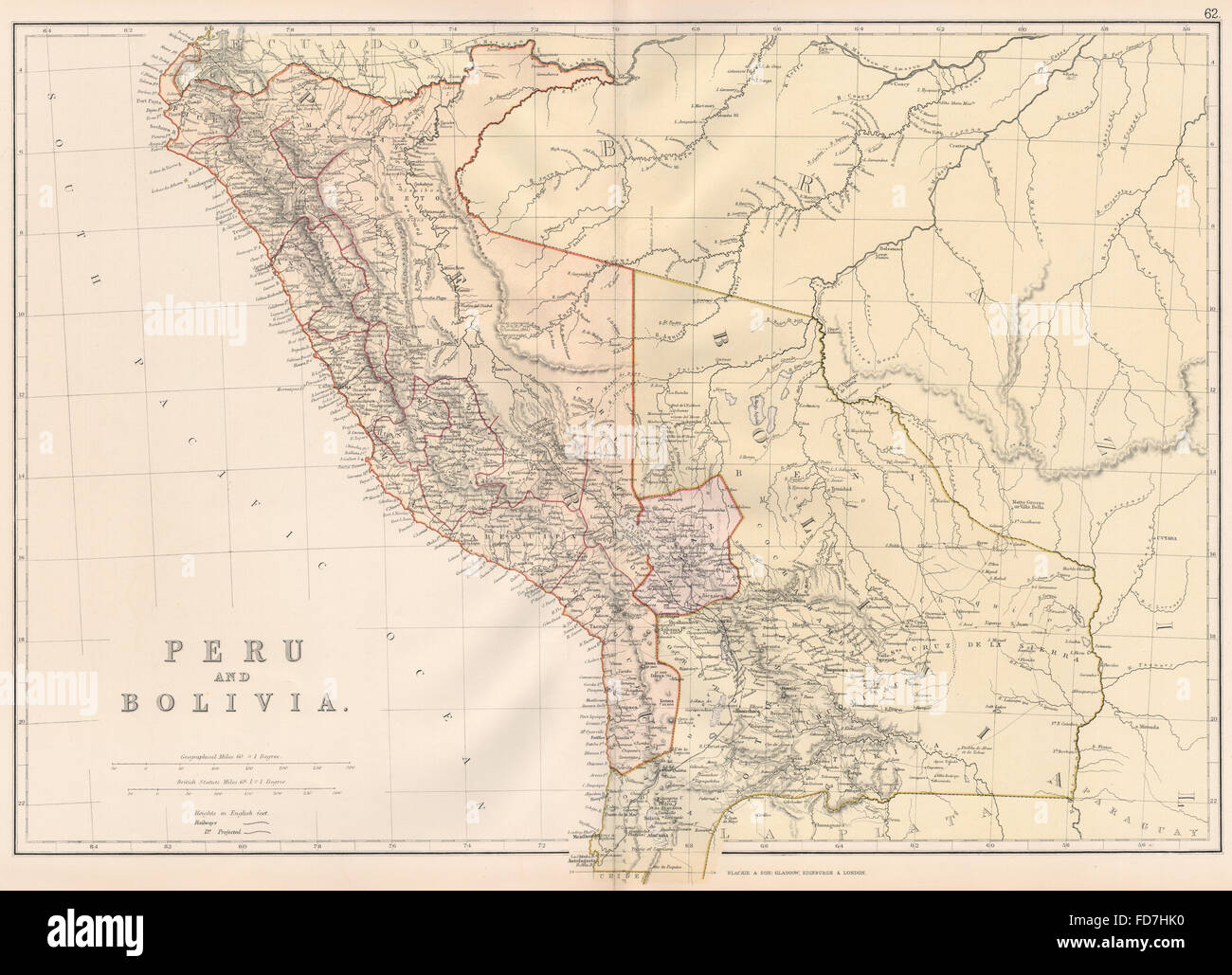 PERU & BOLIVIA W/LITORAL: < Pacific War borders.Planned La Paz railway, 1882 map Stock Photo