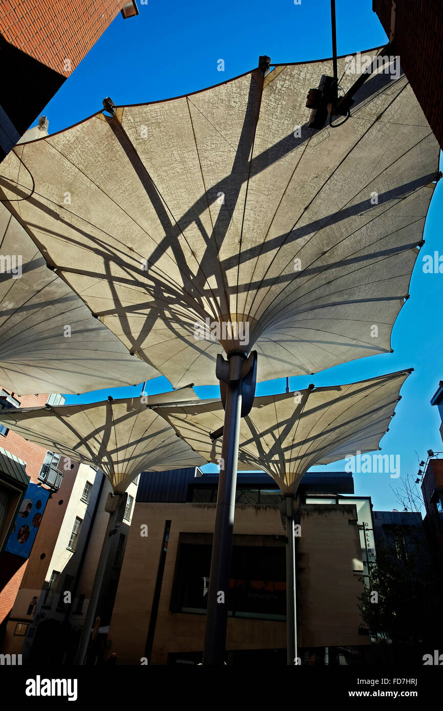 Giant inverted umbrellas in meeting house square Temple Bar Dublin