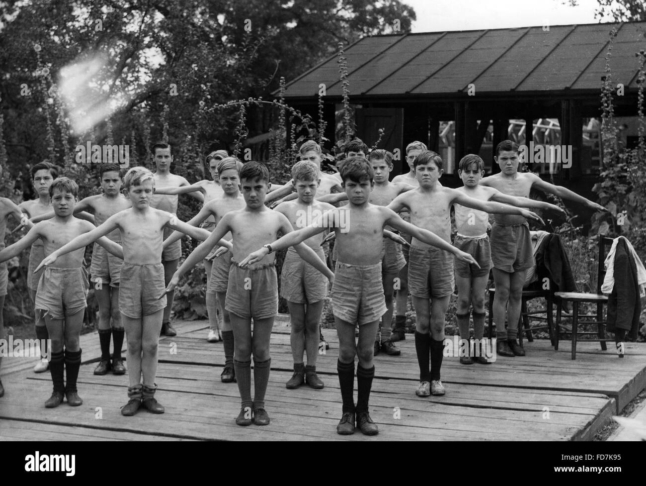 Boys of the Stowey House London County Council School in London doing gymnastics, 1938 Stock Photo