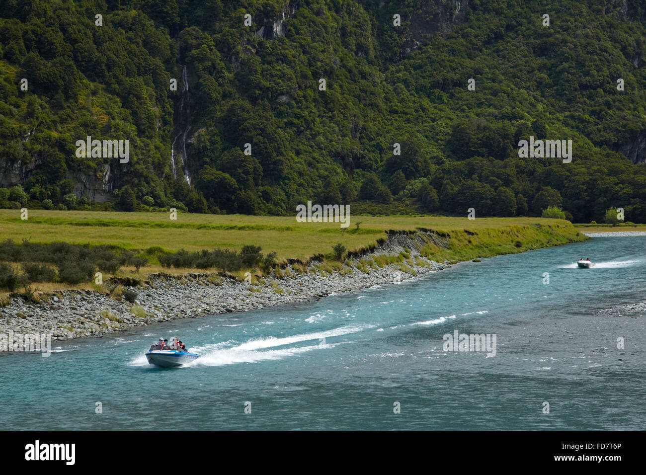 Jet boats on Matukituki River West Branch, Matukituki Valley, near Wanaka, Otago, South Island, New Zealand Stock Photo