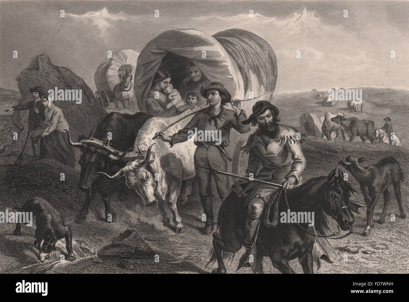 USA: Emigrants crossing the plains. Wagons, antique print 1874 Stock Photo