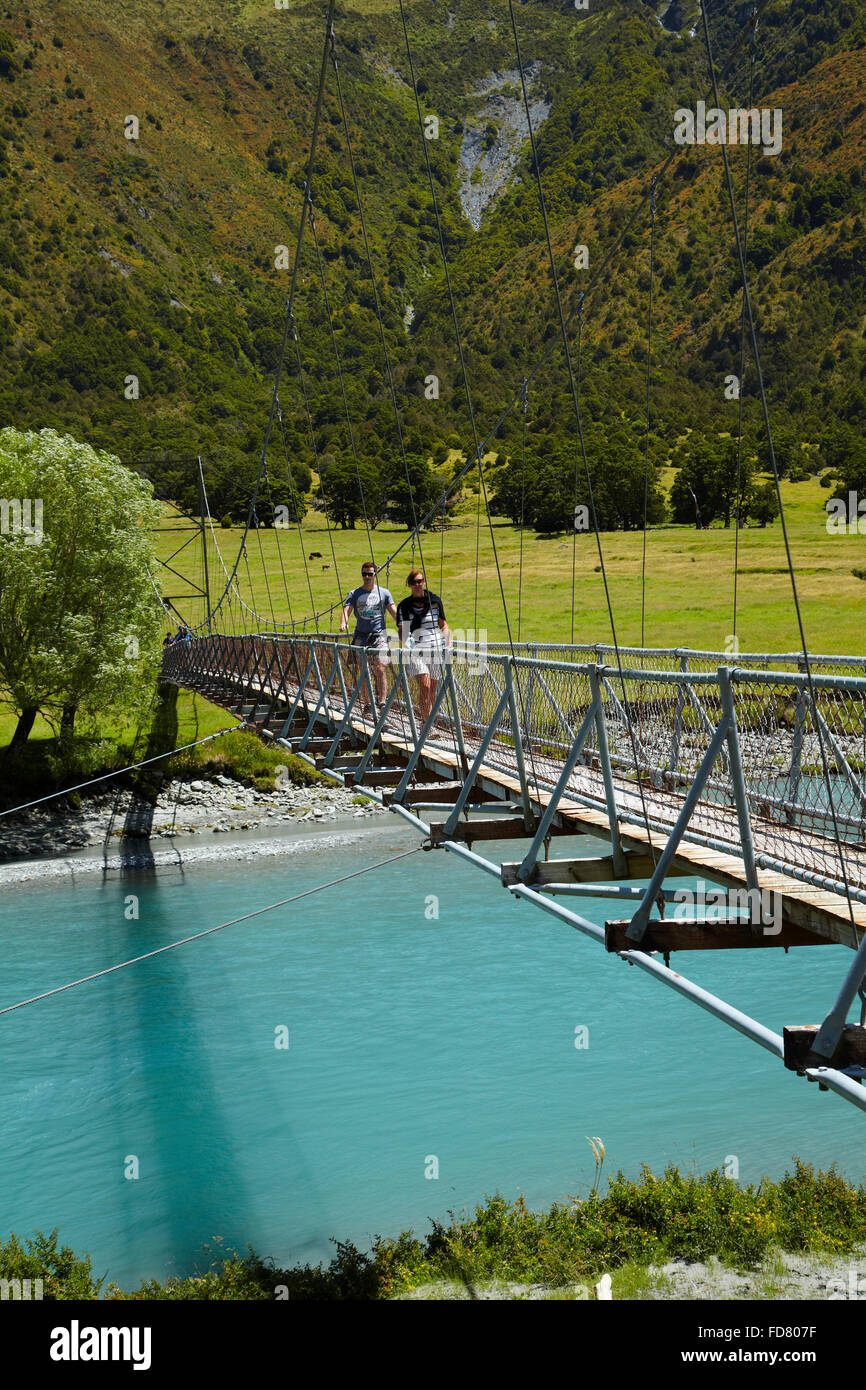 People on suspension bridge over Matukituki River West Branch ...