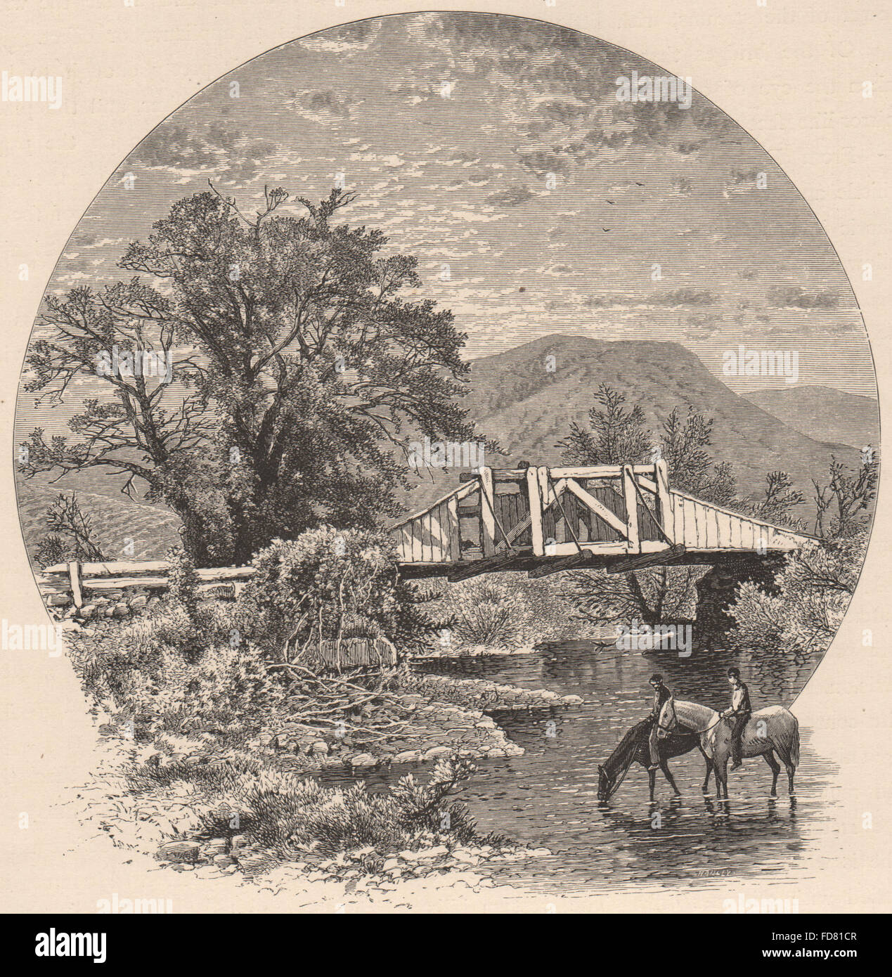 CONNECTICUT: Old Bridge, Blackberry river, near Canaan. Horses, old print 1874 Stock Photo