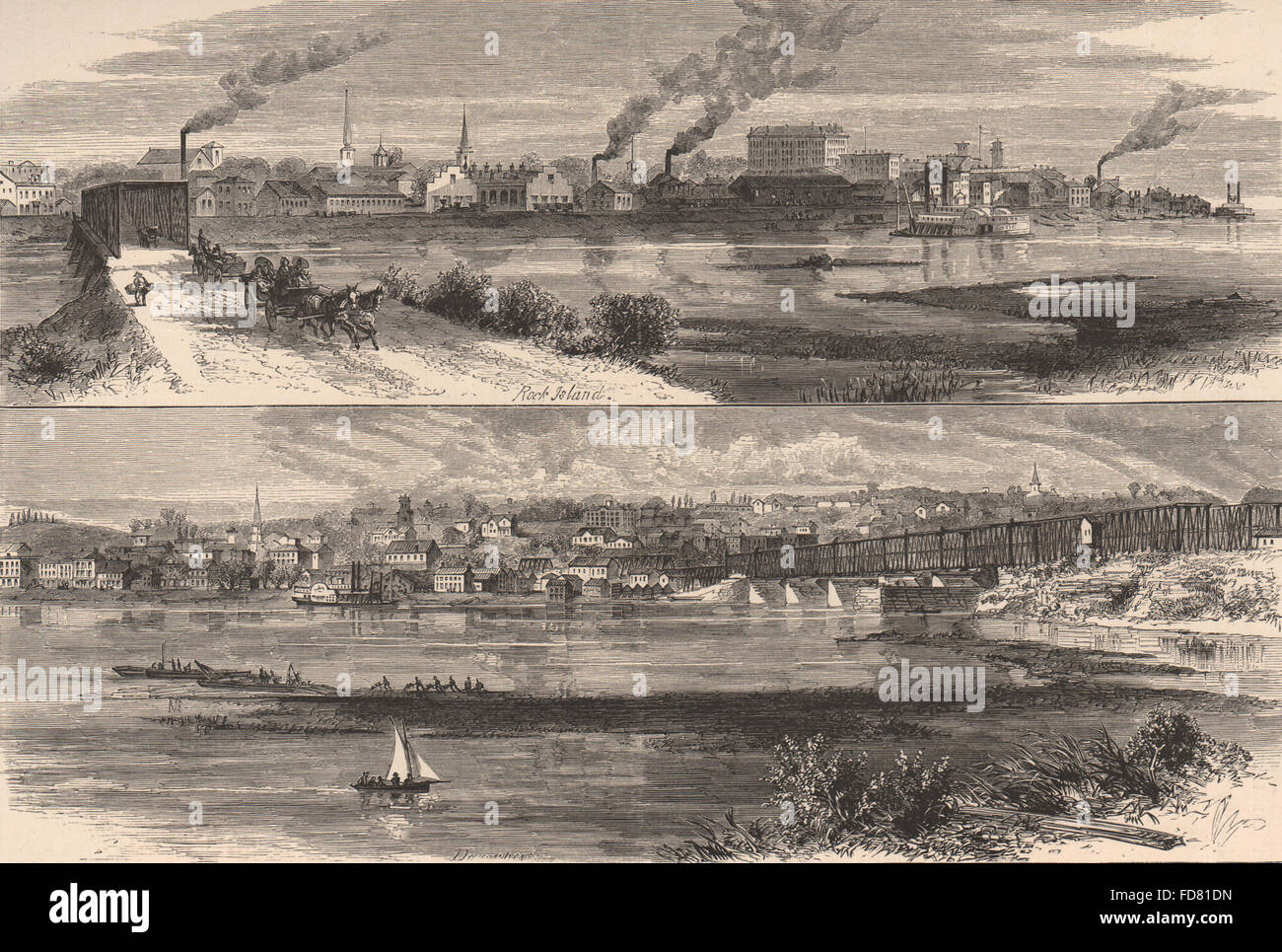 Antique Print of the Mississippi River: Rock Island, Illinois
