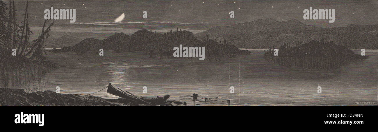 ADIRONDACKS: Tupper Lake by Moonlight. New York State, antique print 1874 Stock Photo