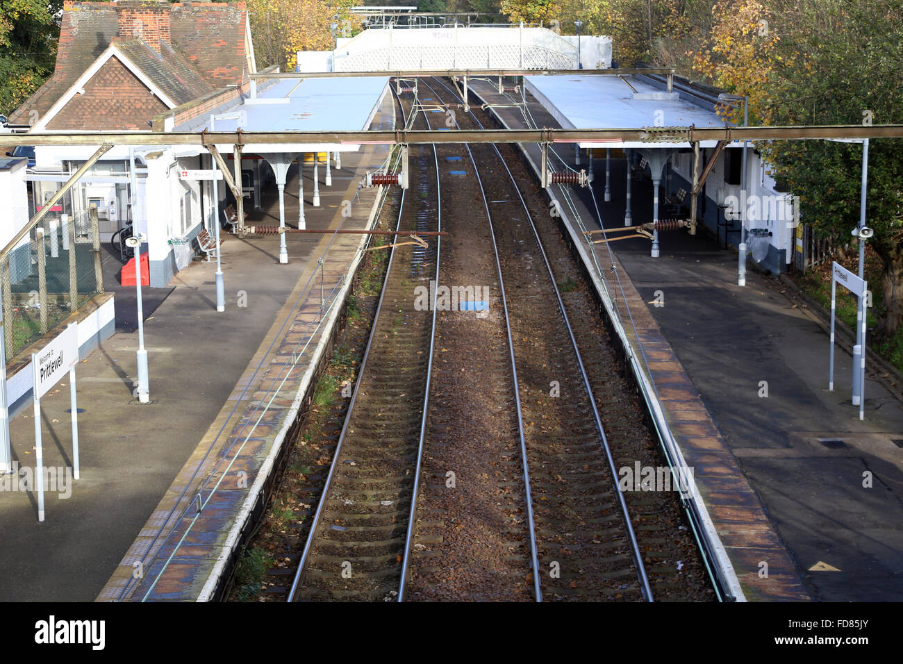 Prittlewell train station in Essex Abellio Greater Anglia AGA platforms entrance track railway station blue sky Stock Photo