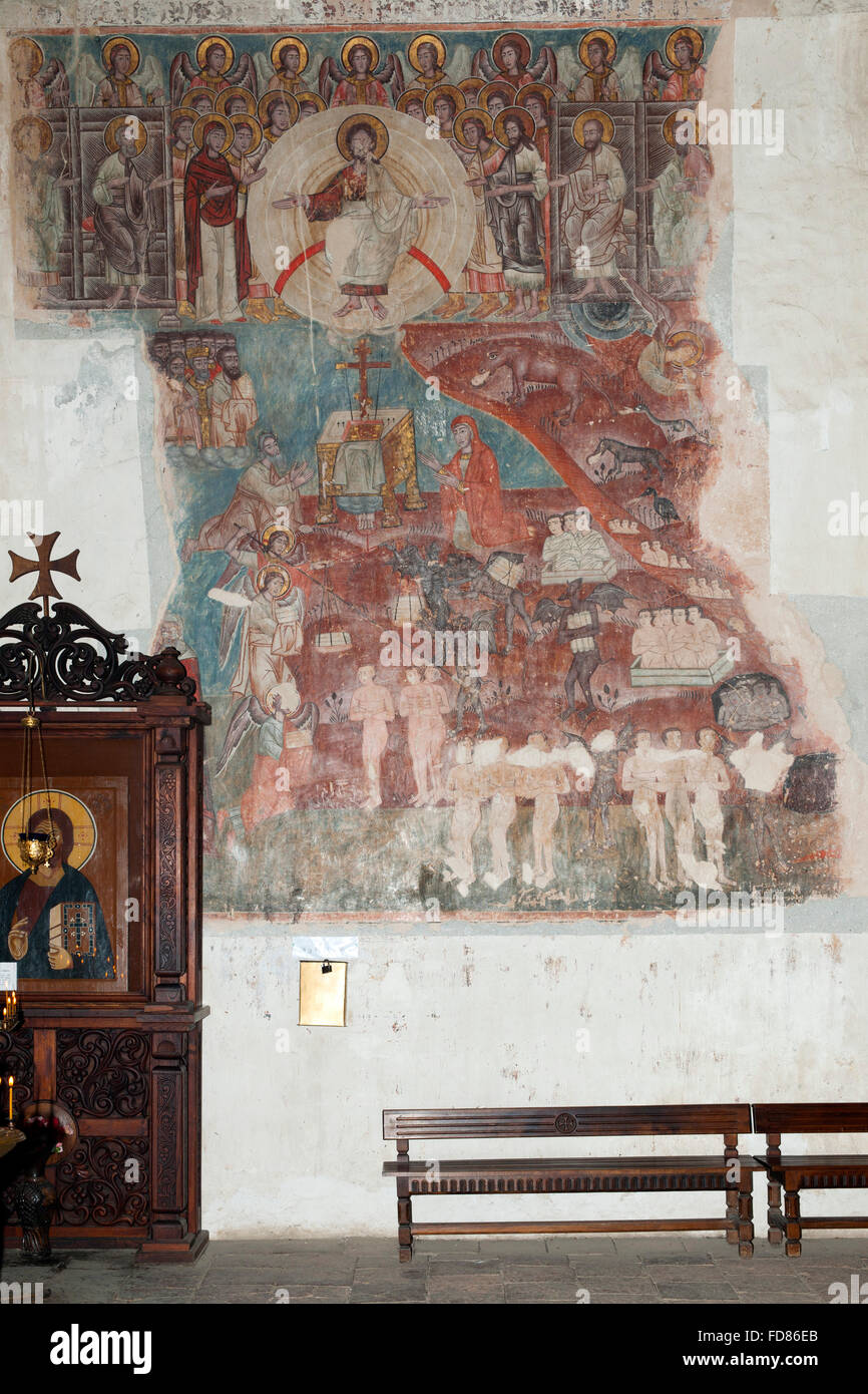 Georgien, Mtskheta-Mtianeti, Fresco Jüngstes Gericht in der Mariä-Himmelfahrts-Kirche in der Festung Ananuri. Stock Photo