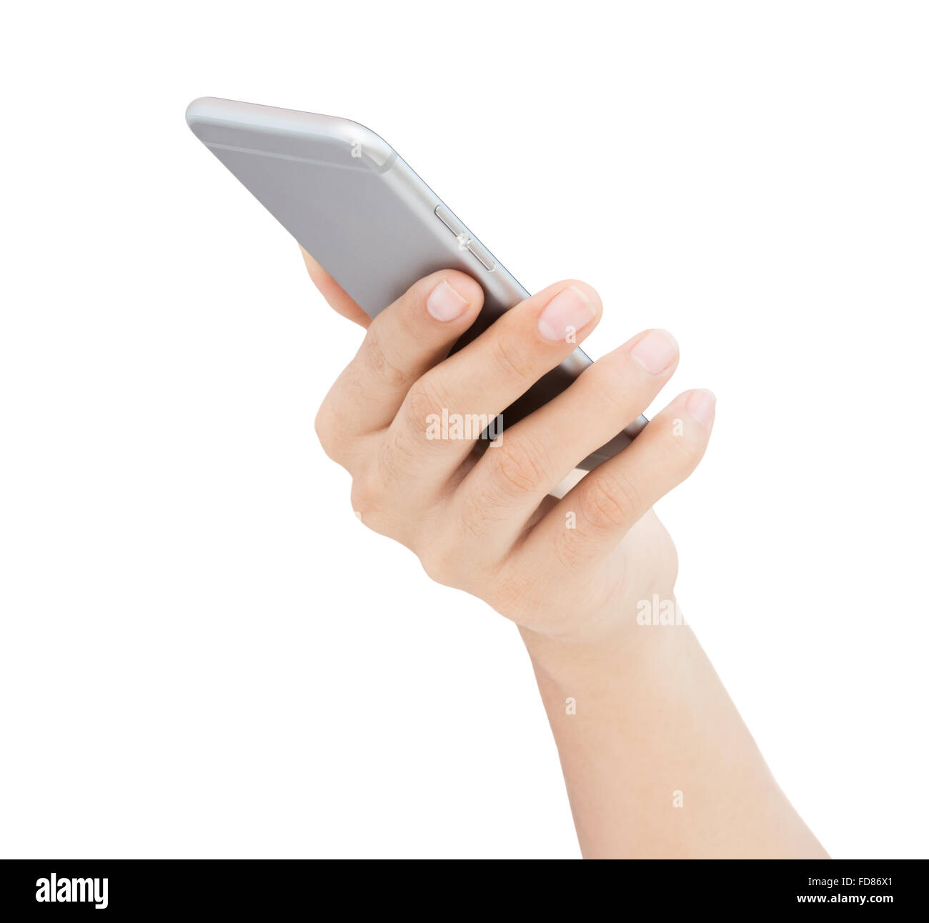 Hand holding phone on white background Stock Photo