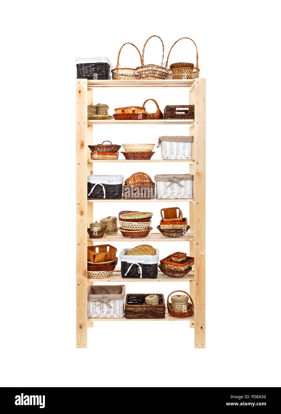 Wooden shelves full of basket isolated on white background Stock Photo