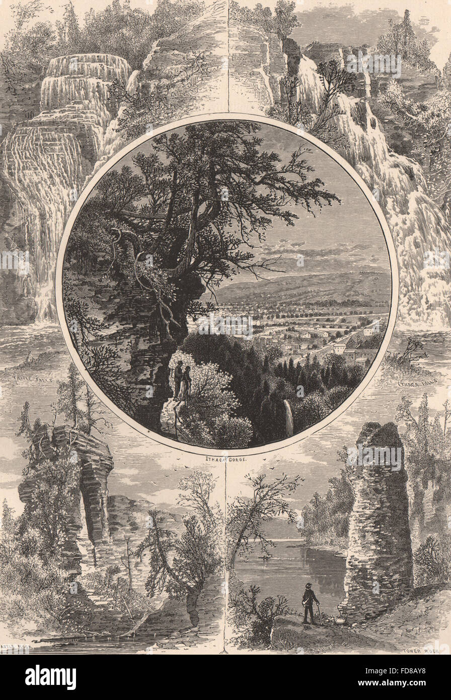 NEW YORK STATE: Cayuga Lake Scenery. Ithaca Gorge, antique print 1874 Stock Photo