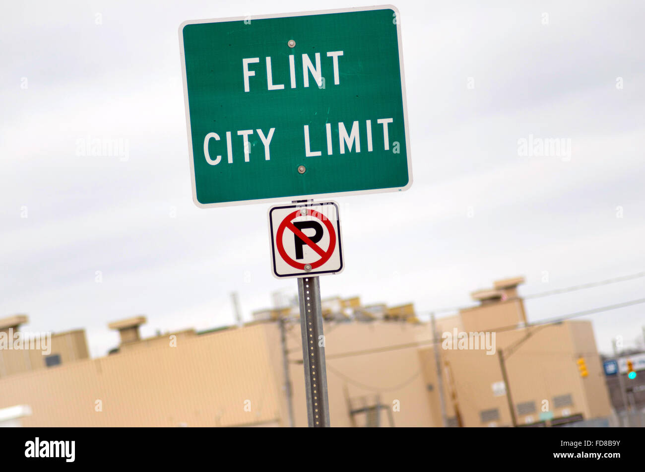 Flint City Limit Sign on the street. Stock Photo