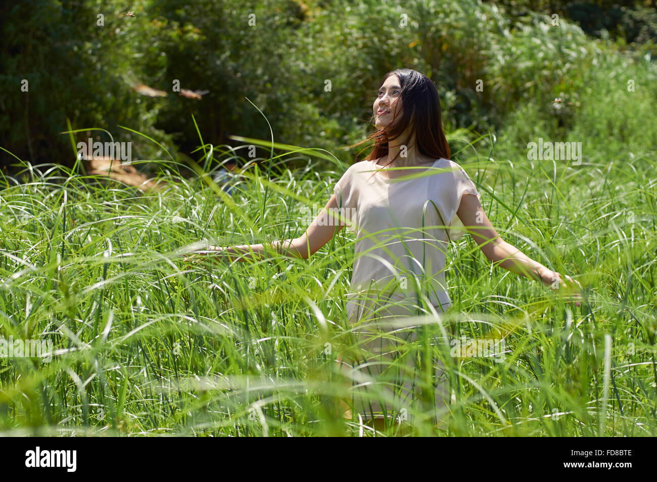 young Chinese beauty standing and smiling in reeds Stock Photo