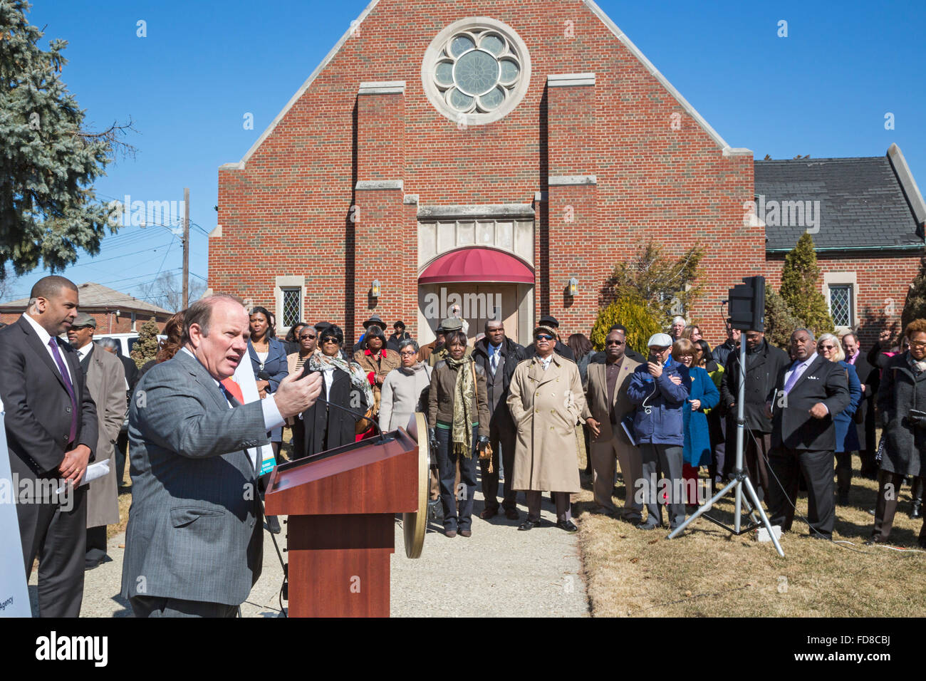 Detroit, Michigan - Mayor Mike Duggan announces a 0% Interest Home Repair Loan Program during a news conference. Stock Photo