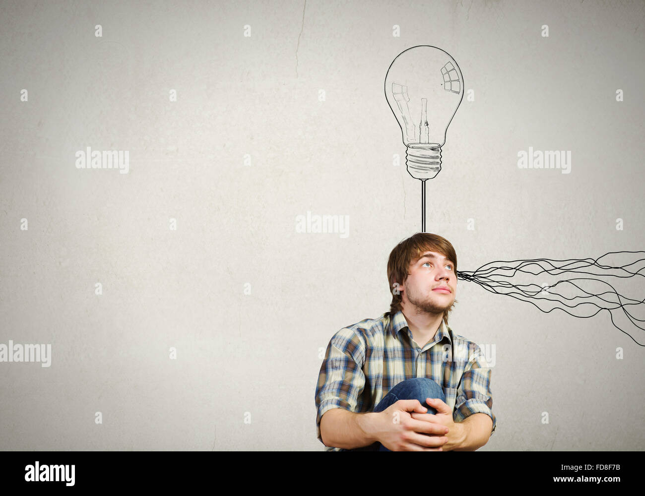 Guy Getting Idea Young thoughtful guy and ideas coming out of his head Stock Photo - Alamy