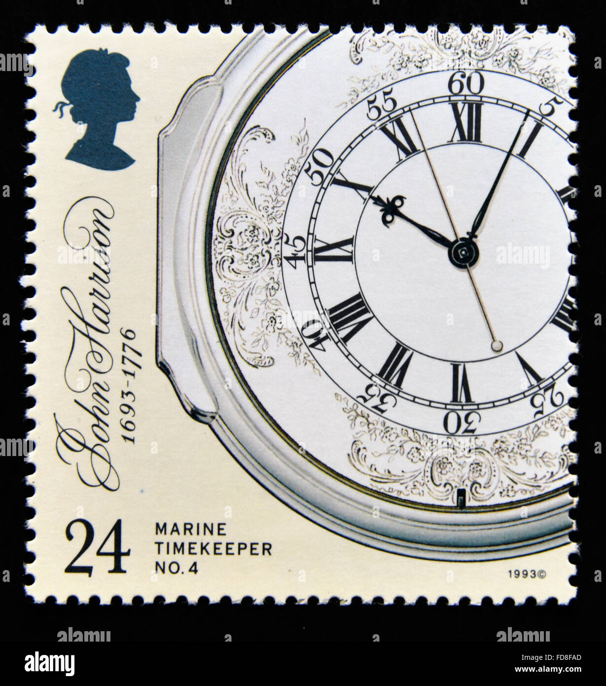 Postage stamp. Great Britain. Queen Elizabeth II. 1993. 300th. Birth Anniversary of John Harrison. 24p. Stock Photo