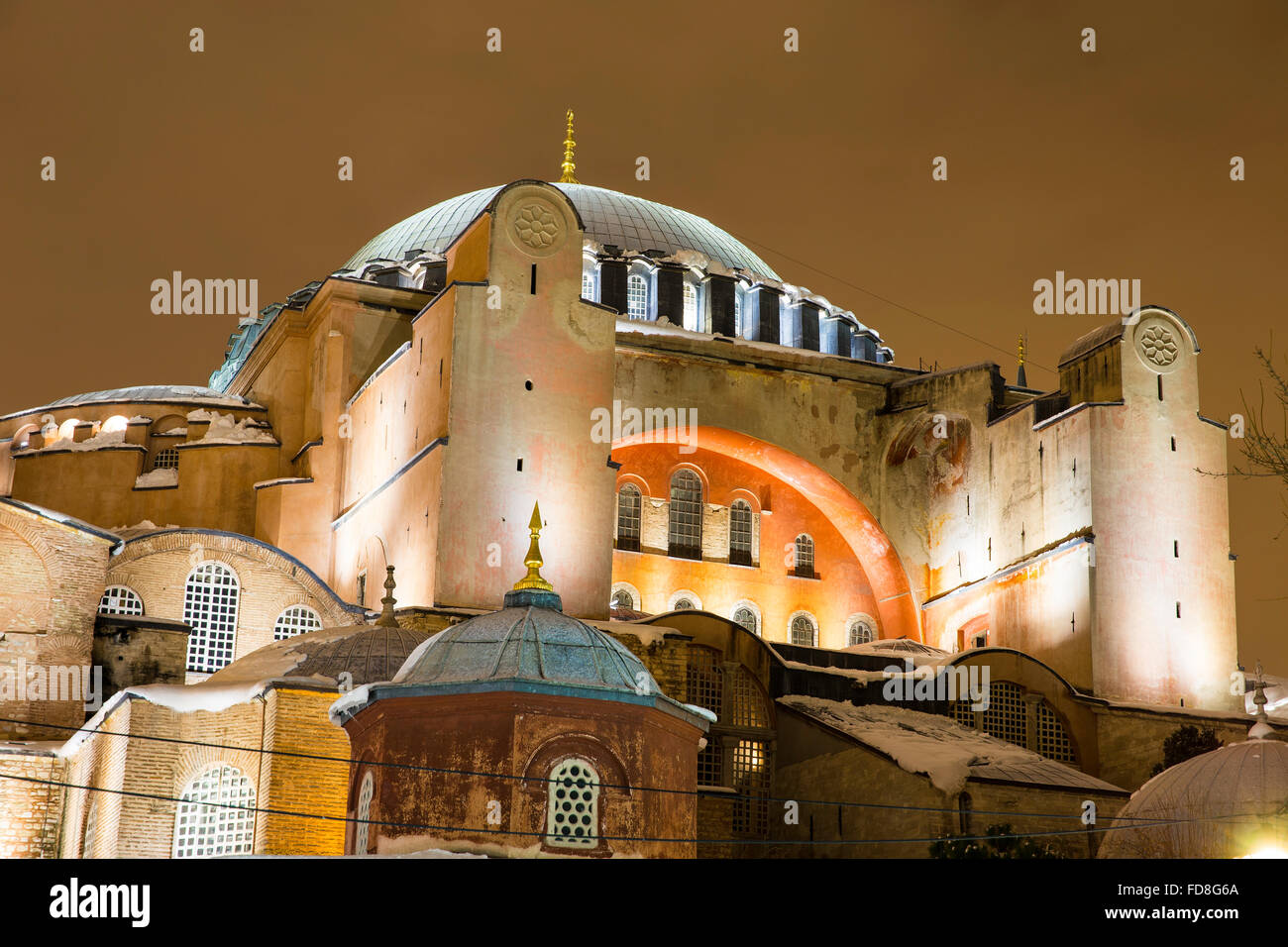 Closeup view of Hagia Sophia, Aya Sofya, museum in a snowy winter night in Istanbul Turkey Stock Photo