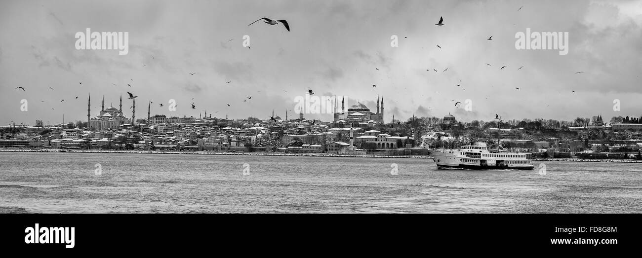 Panoramic sea view of the Topkapi Palace, Hagia Sophia and Sultanahmet mosques on a snowy winter day in historical peninsula in Stock Photo