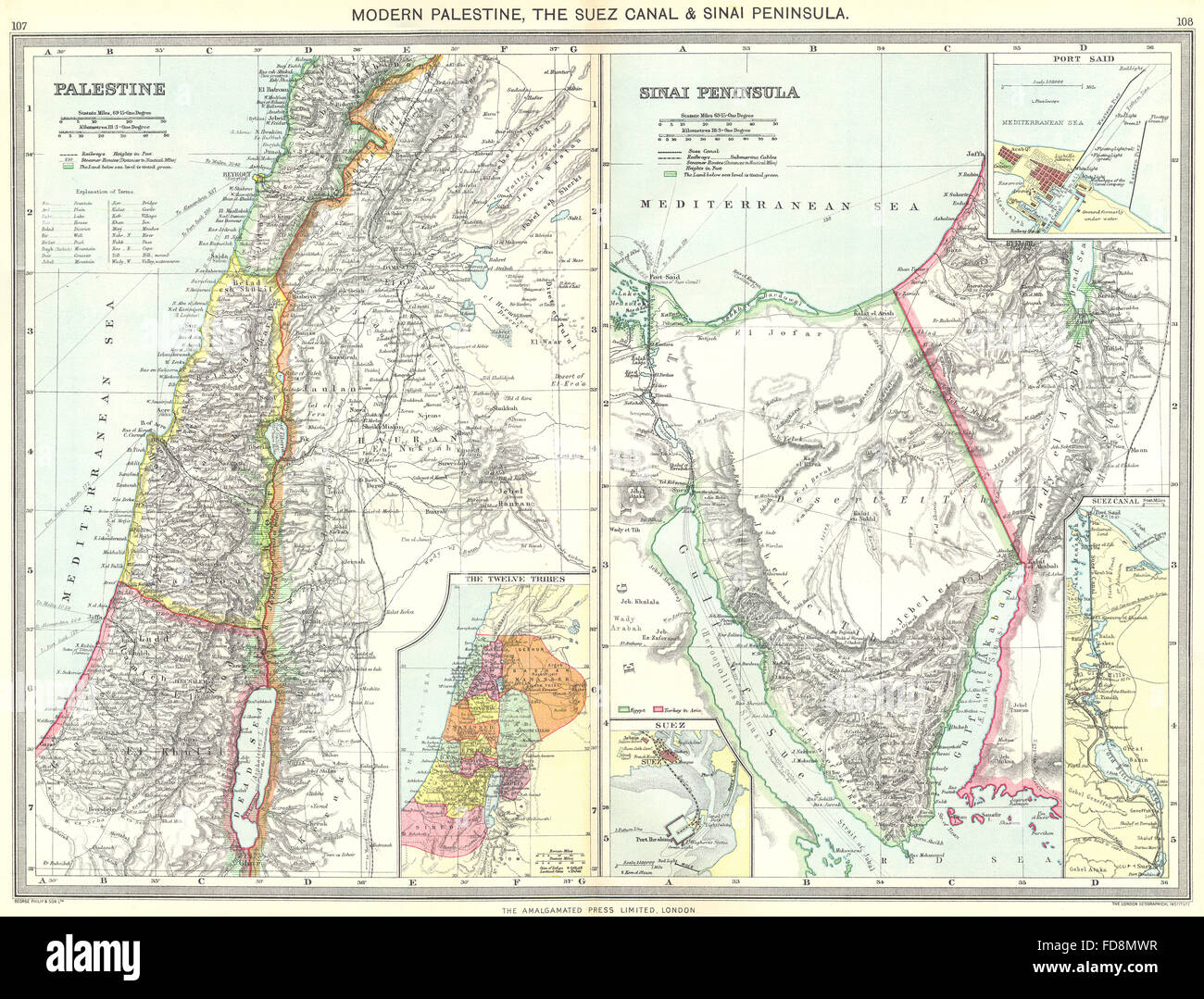 ISRAEL: Palestine; Sinai; port Said; Suez Canal; 12 Tribes, 1907 antique map Stock Photo