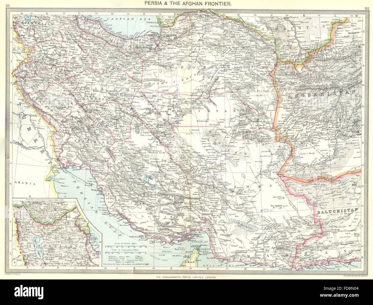 IRAN: Iran and the Afghan Frontier; Inset map of Azerbaijan, 1907 Stock Photo