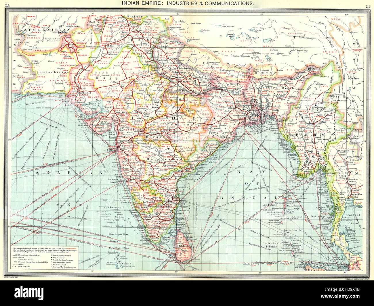 INDIA: Indian Empire: Industries and Communications, 1907 antique map Stock Photo