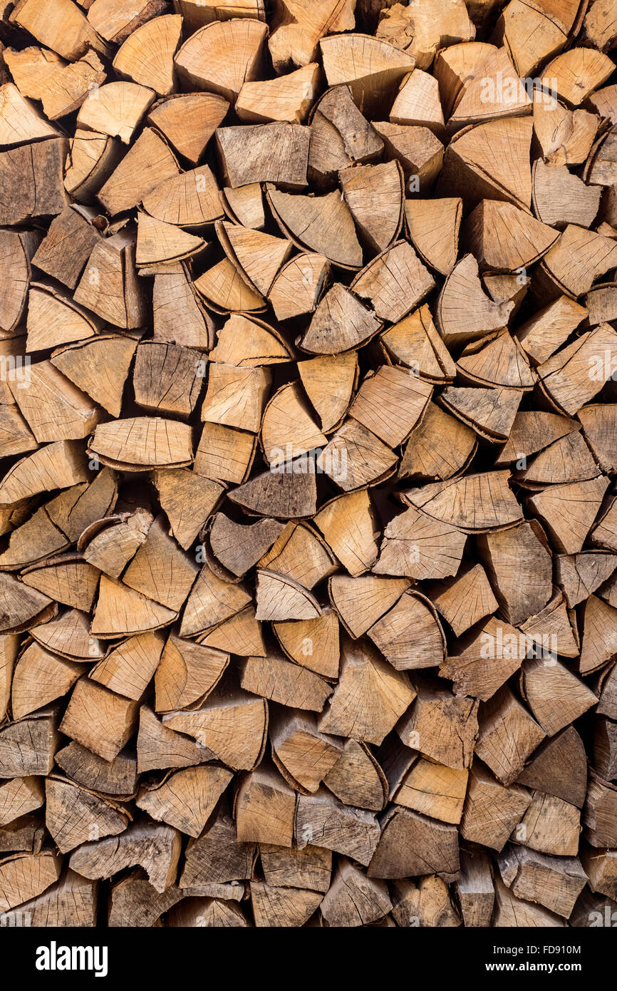 Stack of neatly arranged firewood ready for the winter Stock Photo