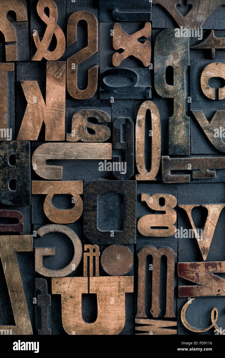 Collection of various wood type letters for printing Stock Photo