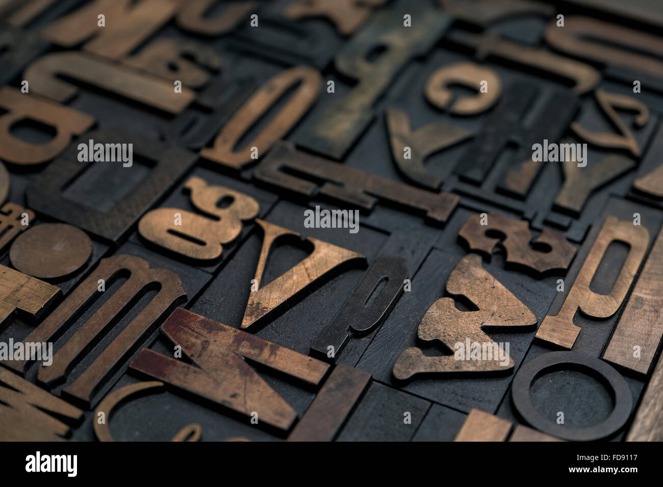Collection of various wood type letters for printing Stock Photo