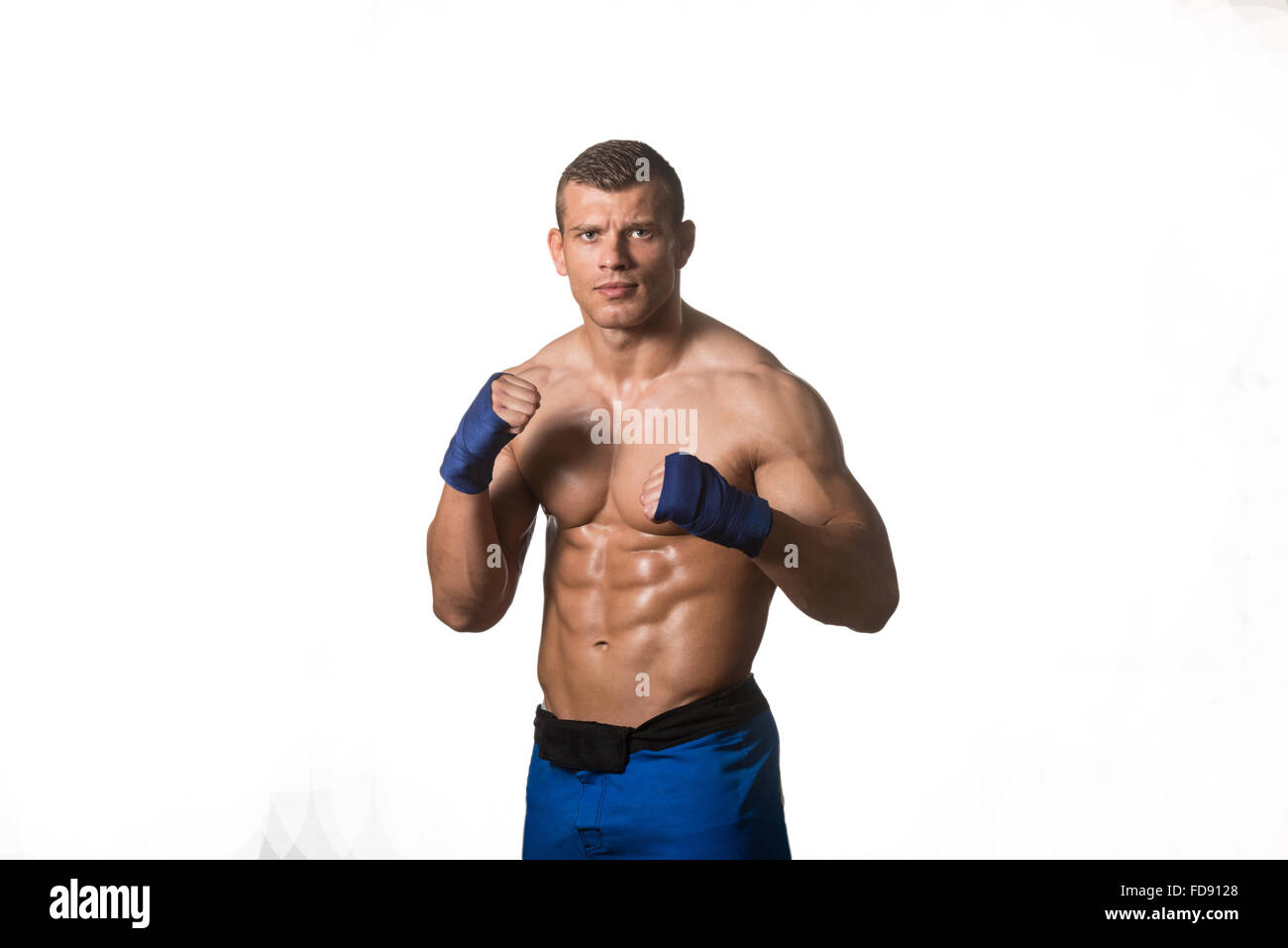 Muscular Boxer MMA Fighter Practice His Skills Isolated On White