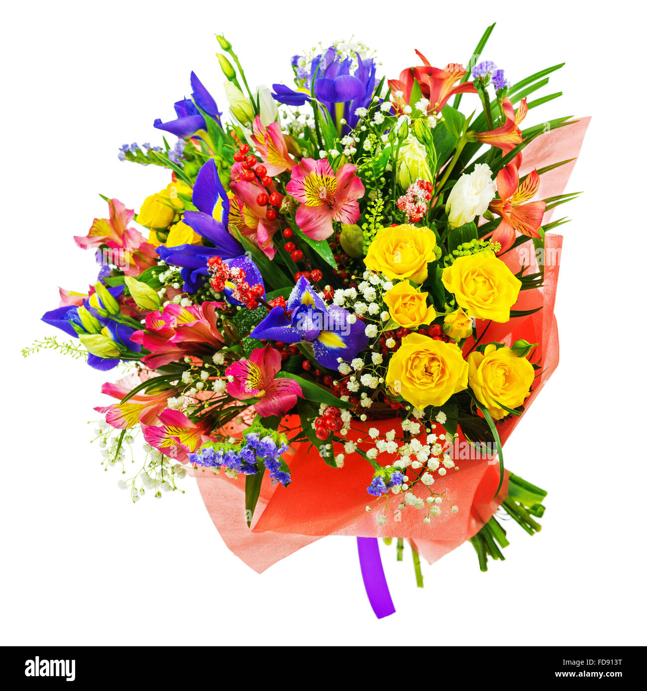 Delicate beautiful bouquet of roses, iris, alstroemeria, nerine and other flowers in red  packaging with violet tape isolated on Stock Photo