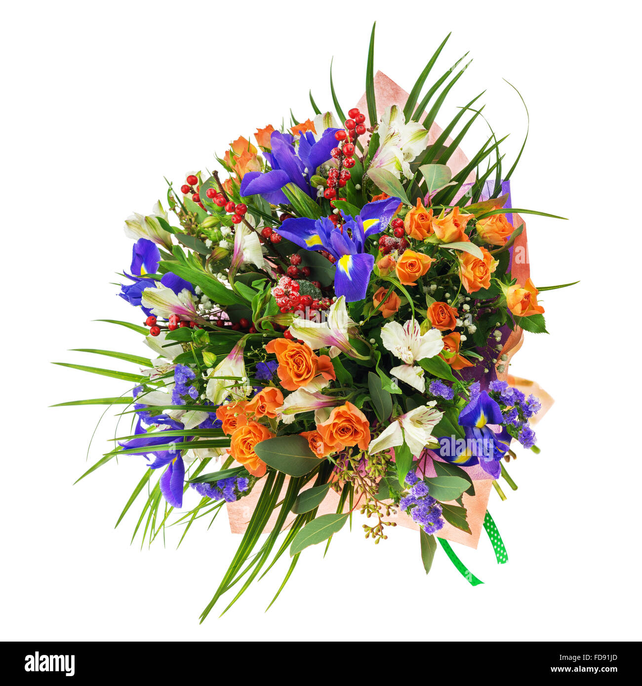 Delicate beautiful bouquet of nerine, iris, alstroemeria, roses and other  flowers in orange packaging with green tape isolated o Stock Photo - Alamy