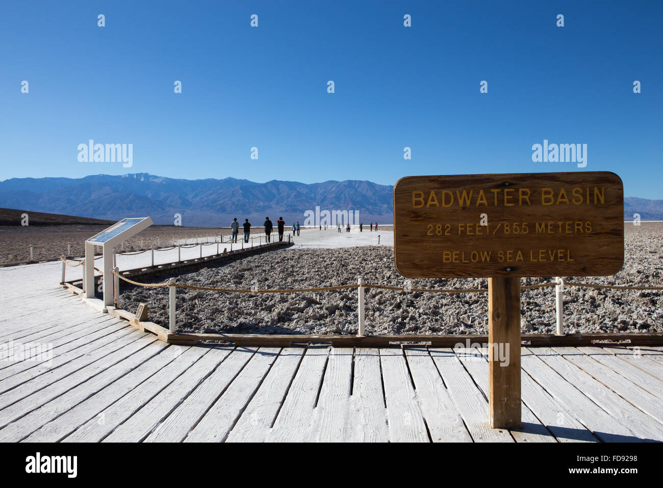 Badwater Basin is an endorheic basin in Death Valley National Park California. It is 282 ft below sea level pictured in Jan 2016 Stock Photo