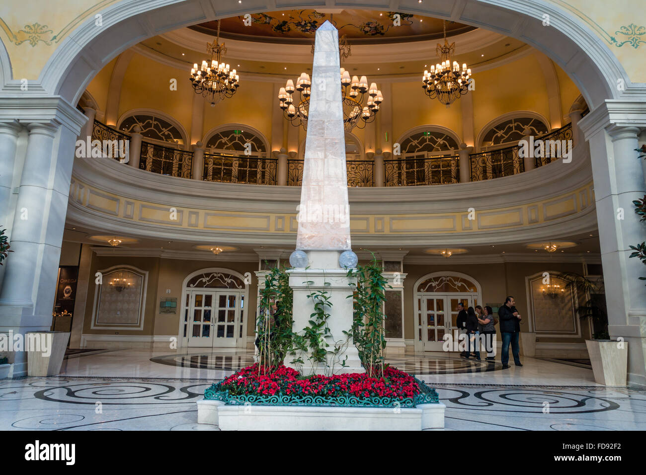 Stone obelisk in the greenhouse at the Bellagio casino and resort Las Vegas, Nevada, USA Stock Photo