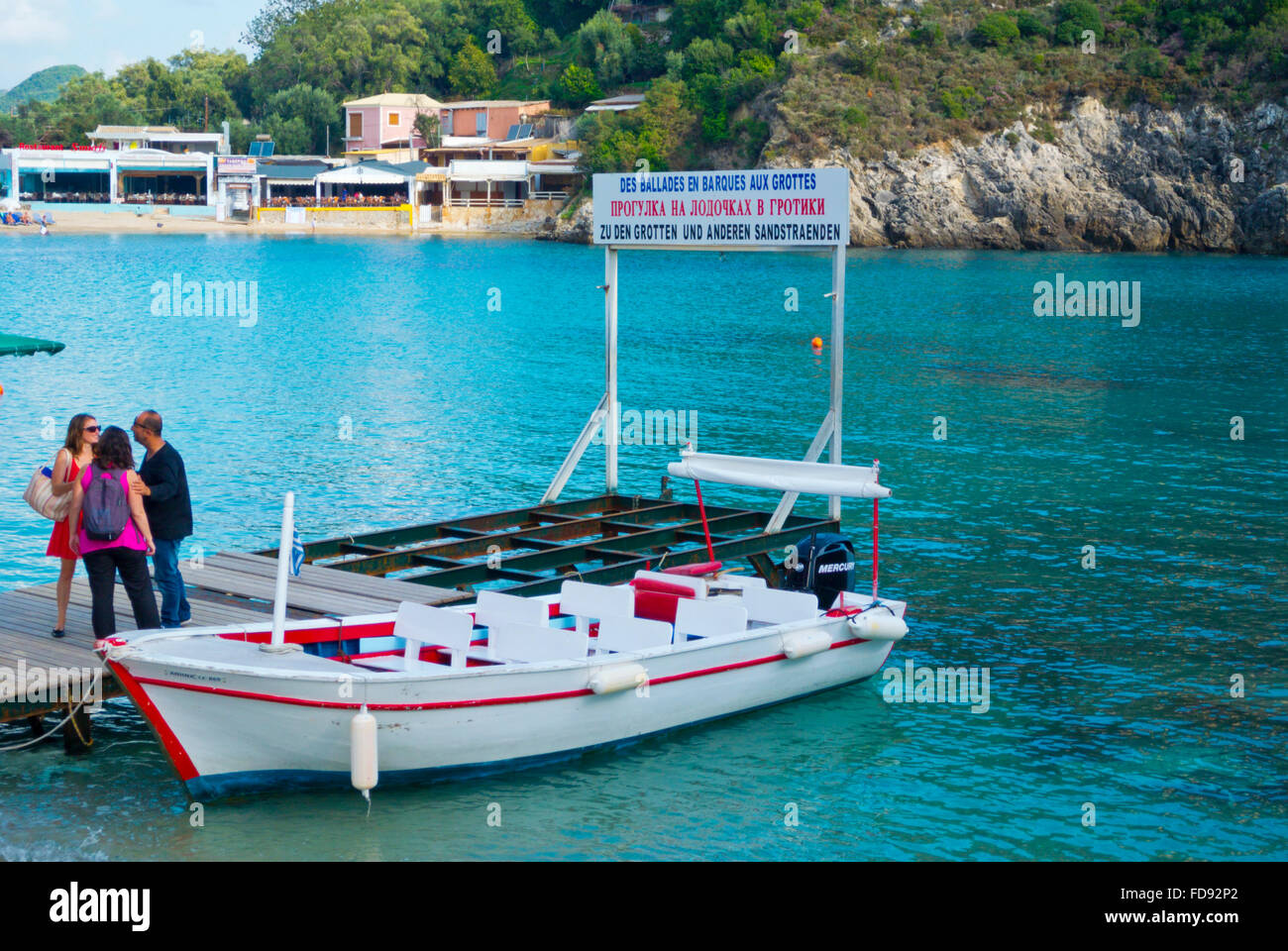 Boat, transport to caves and beachs, Main beach, Palaiokastritsa, Paleokastritsa, western Corfu,  Ionian islands, Greece Stock Photo