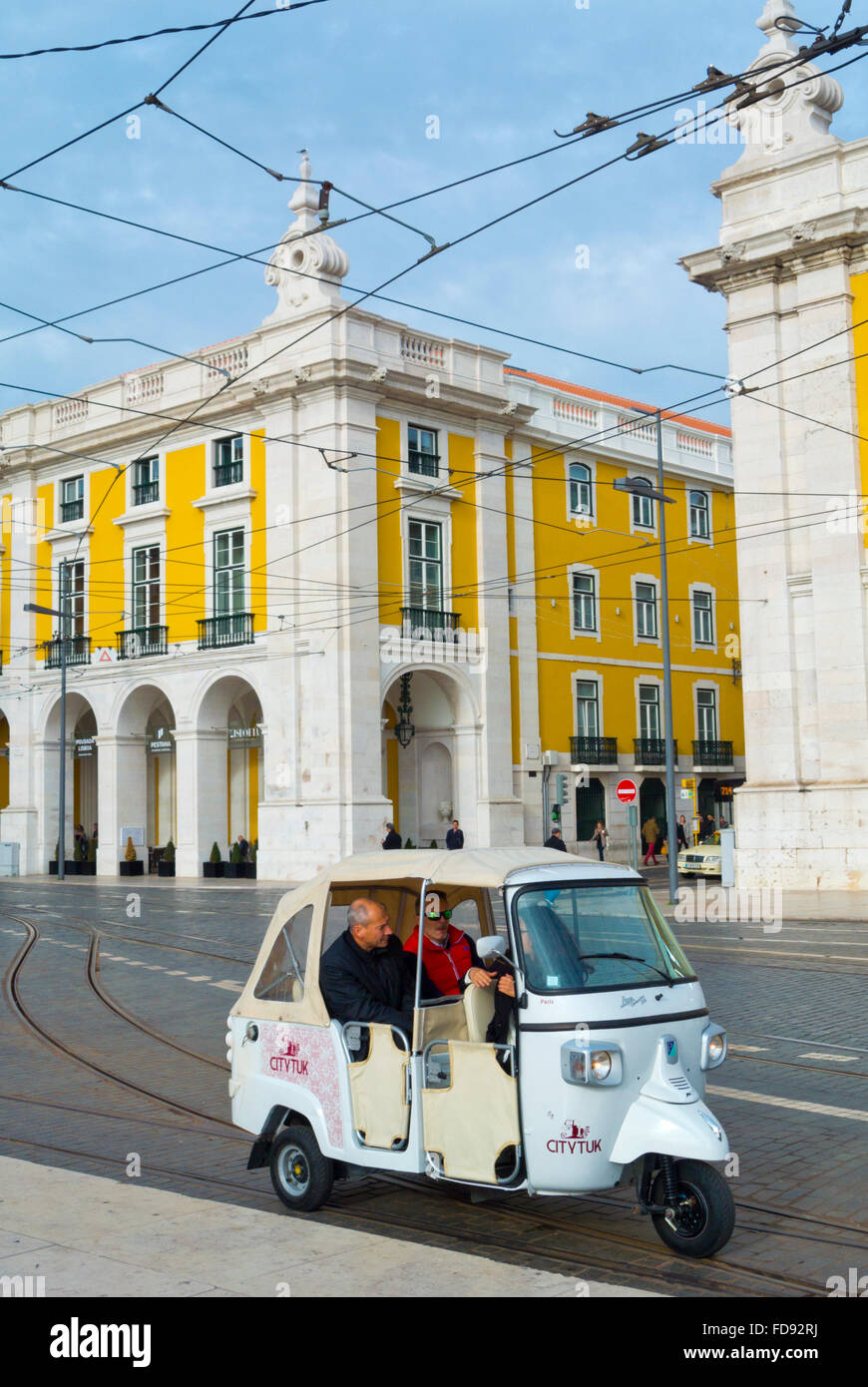 Tuk Tuk transport, sightseeing tour vehicle, Praça do Comércio, Baixa, Lisbon, Portugal Stock Photo