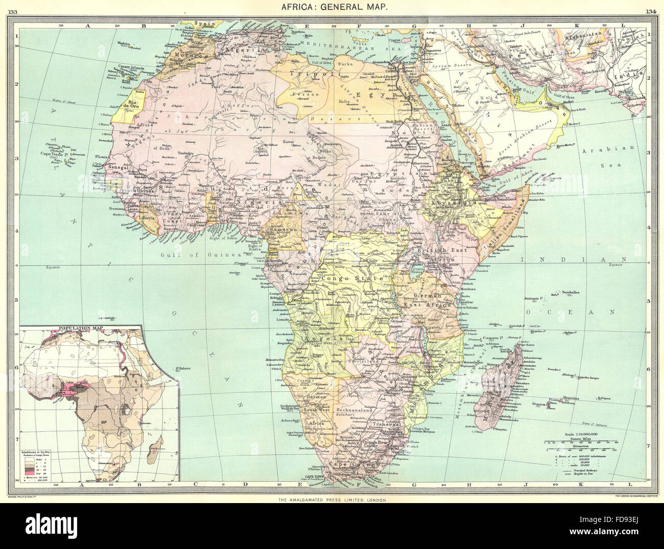 AFRICA: Africa: General Map; Inset map of Population map, 1907 Stock ...