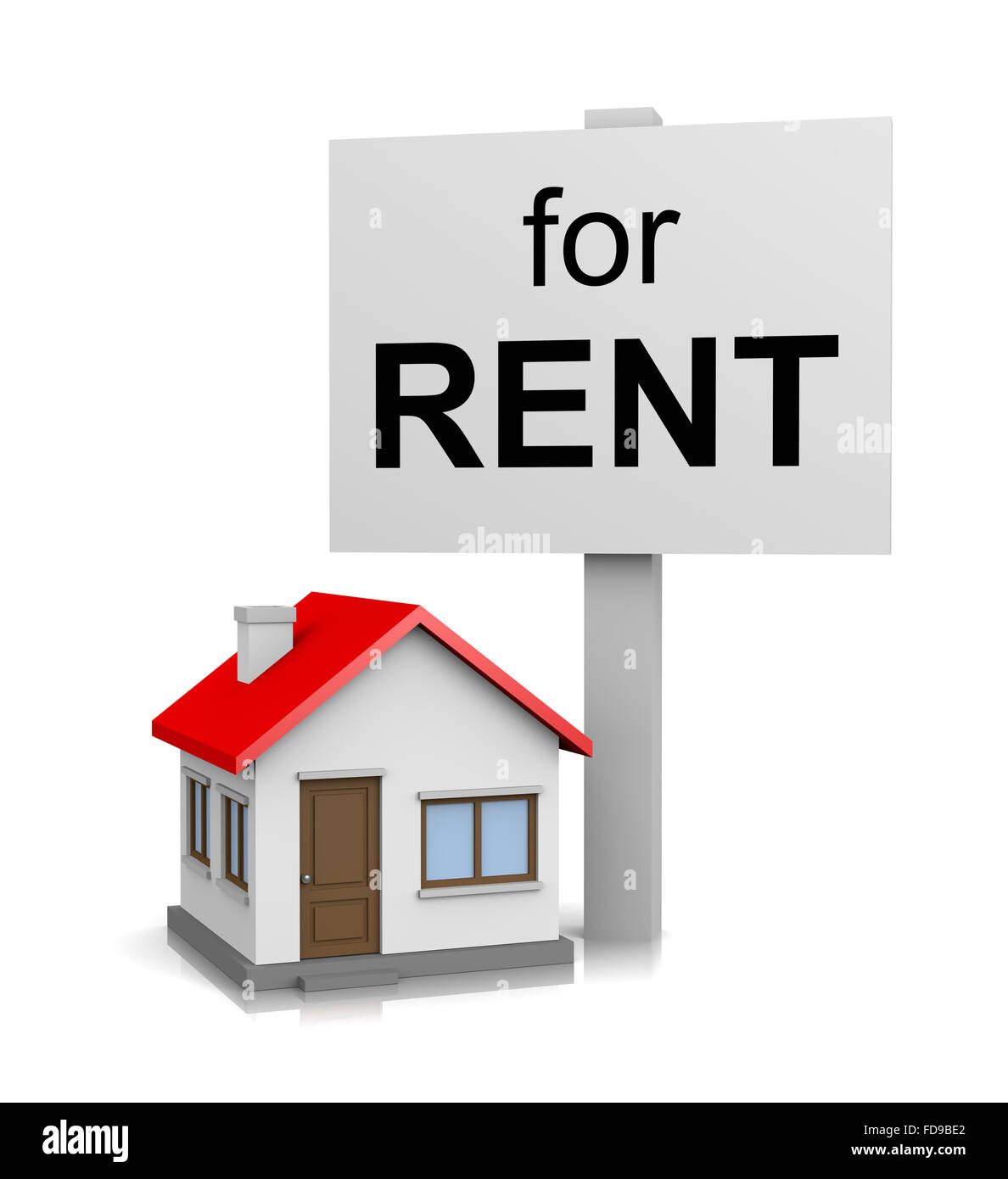 One Single House with for Rent Text Notice on Signboard on White Background 3D Illustration