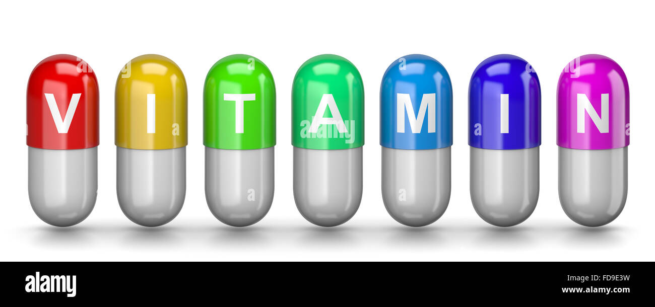 Set of Colorful Vitamin Pills with Vitamin Text 3D Illustration on White Background Stock Photo