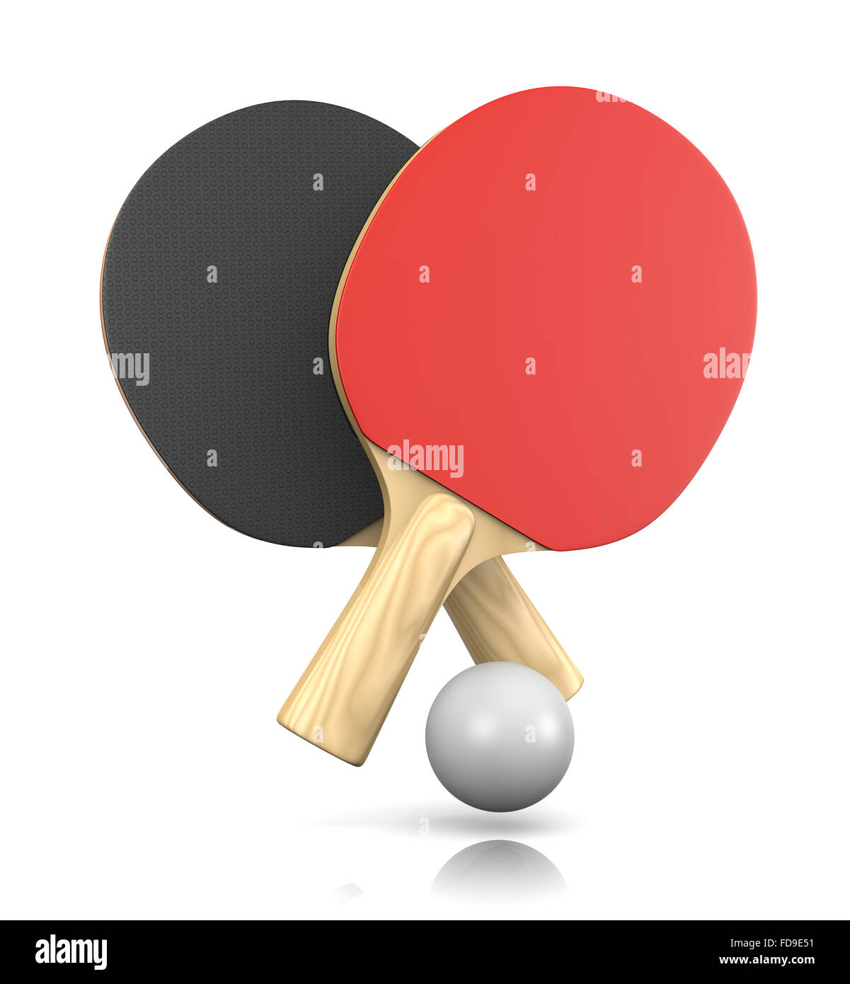 Two Ping-Pong Bats and One Ball 3D Illustration on White Background Stock Photo