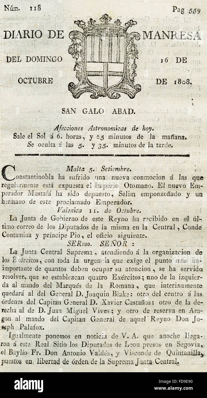 Journal of Manresa. Number 118. Page 559. Sunday, October 16, 1808. Printed in Manresa, Catalonia, Spain. Stock Photo