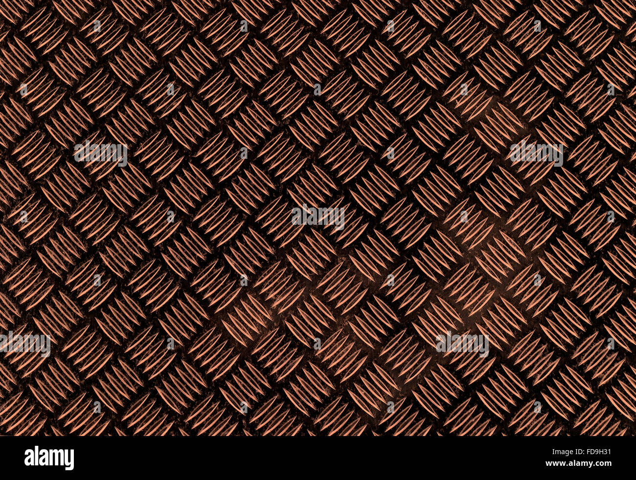Copper colored diamond plate, also known as checker plate, tread plate, cross hatch kick plate and Durbar floor plate, wide shot Stock Photo