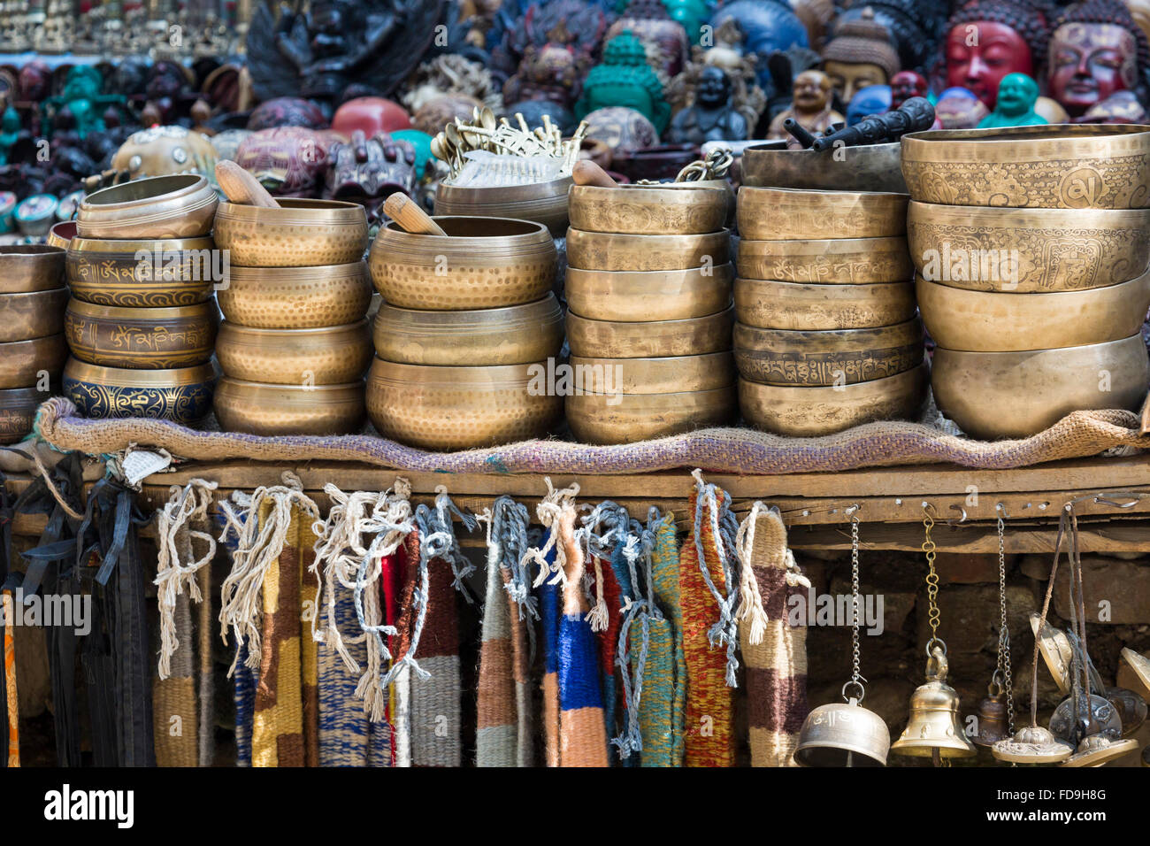 Several singing bowls displayed at a market in Kathmandu, Nepal Stock