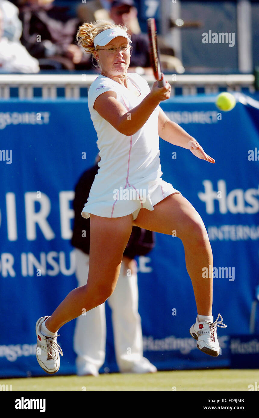 Elena Baltacha in action against Conchita Martinez at the Hastings Direct International Tennis Championships at Devonshire Park Eastbourne  2005 Stock Photo