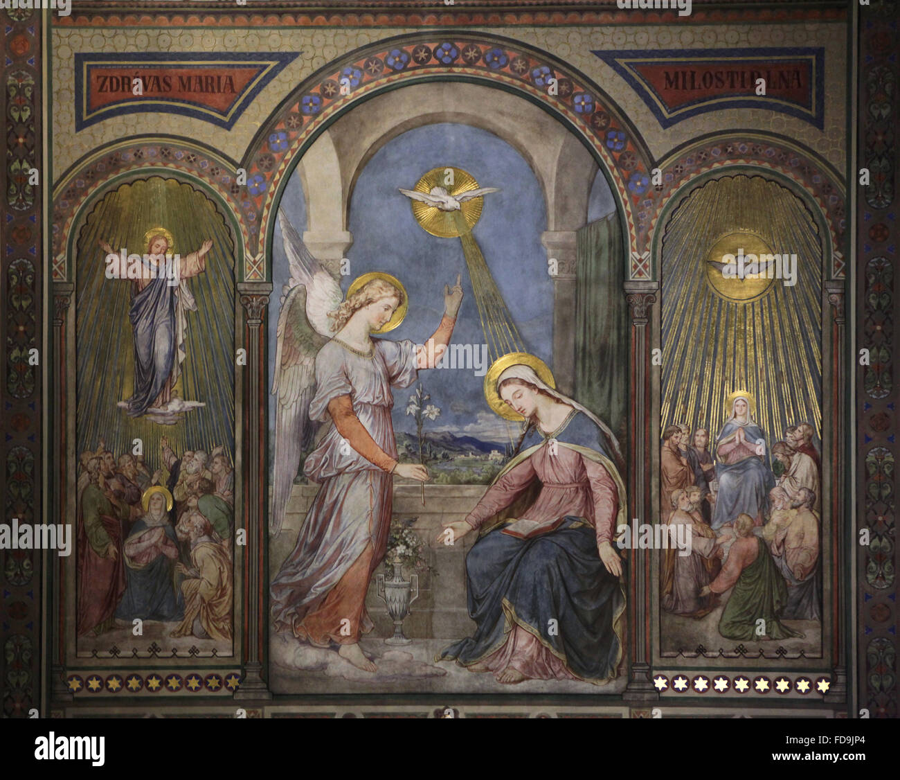 Annunciation. Mural painting (1868) by Czech artist Petr Maixner in the Church of Saints Cyril and Methodius on Karlinske square in Karlin district in Prague, Czech Republic. Ascension of Jesus (L) and the Pentecost (R) are depicted on each side. Stock Photo