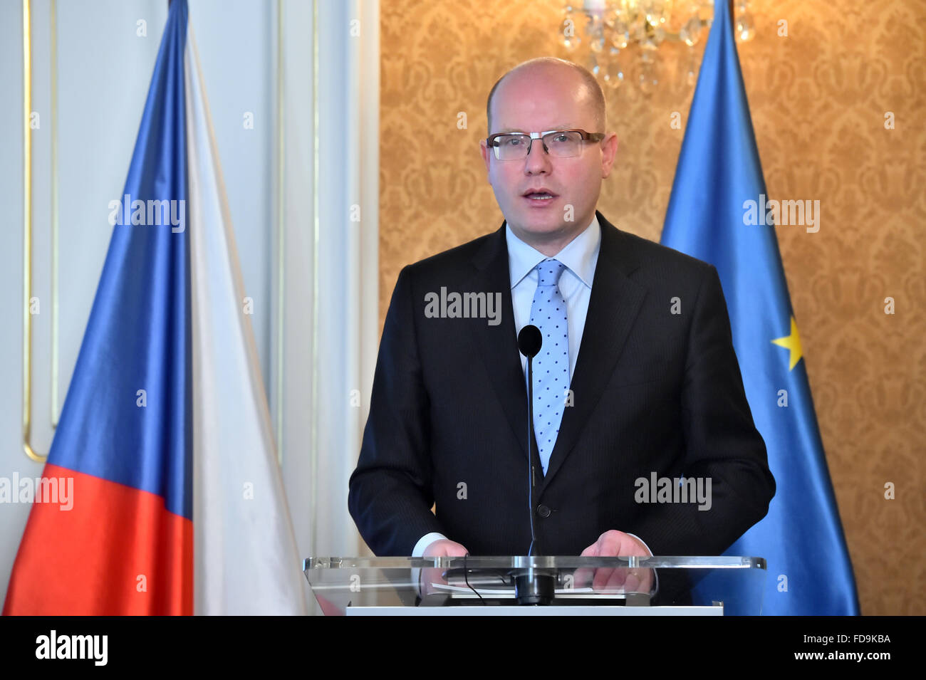 Prague, Czech Republic. 29th Jan, 2016. Conference on euro adoption in CR, contributions and risks. Czech Prime Minister Bohuslav Sobotka speaks during the Conference in Prague, Czech Republic, January 29, 2016. © Vit Simanek/CTK Photo/Alamy Live News Stock Photo