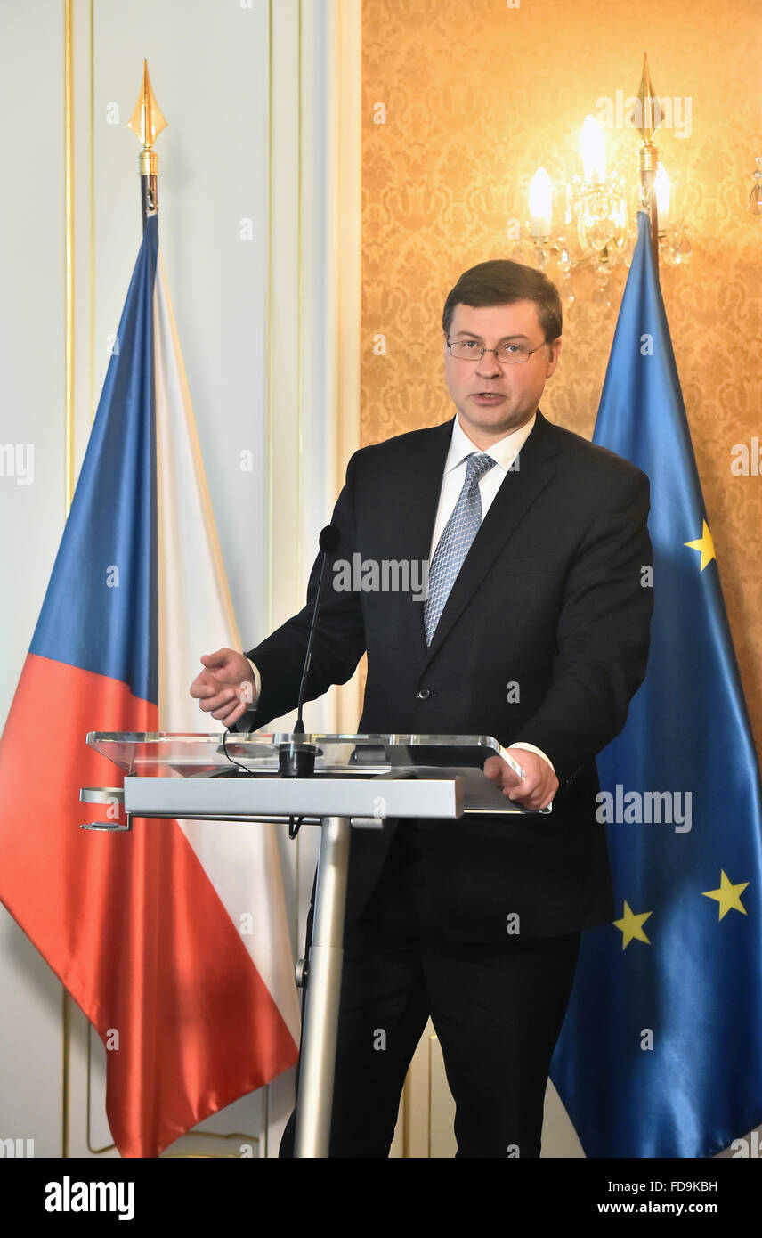 Prague, Czech Republic. 29th Jan, 2016. Conference on euro adoption in CR, contributions and risks. EC Vice-President Valdis Dombrovskis speaks during the Conference in Prague, Czech Republic, January 29, 2016. © Vit Simanek/CTK Photo/Alamy Live News Stock Photo
