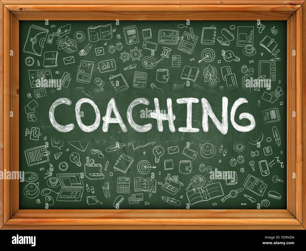 Hand Drawn Coaching on Green Chalkboard. Hand Drawn Doodle Icons Around ...