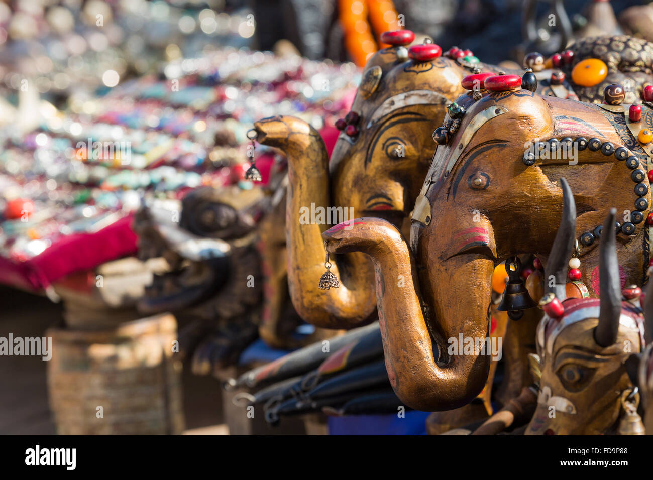 Masks, dolls and souvenirs in street shop at Durbar Square in Kathmandu, Nepal. Stock Photo